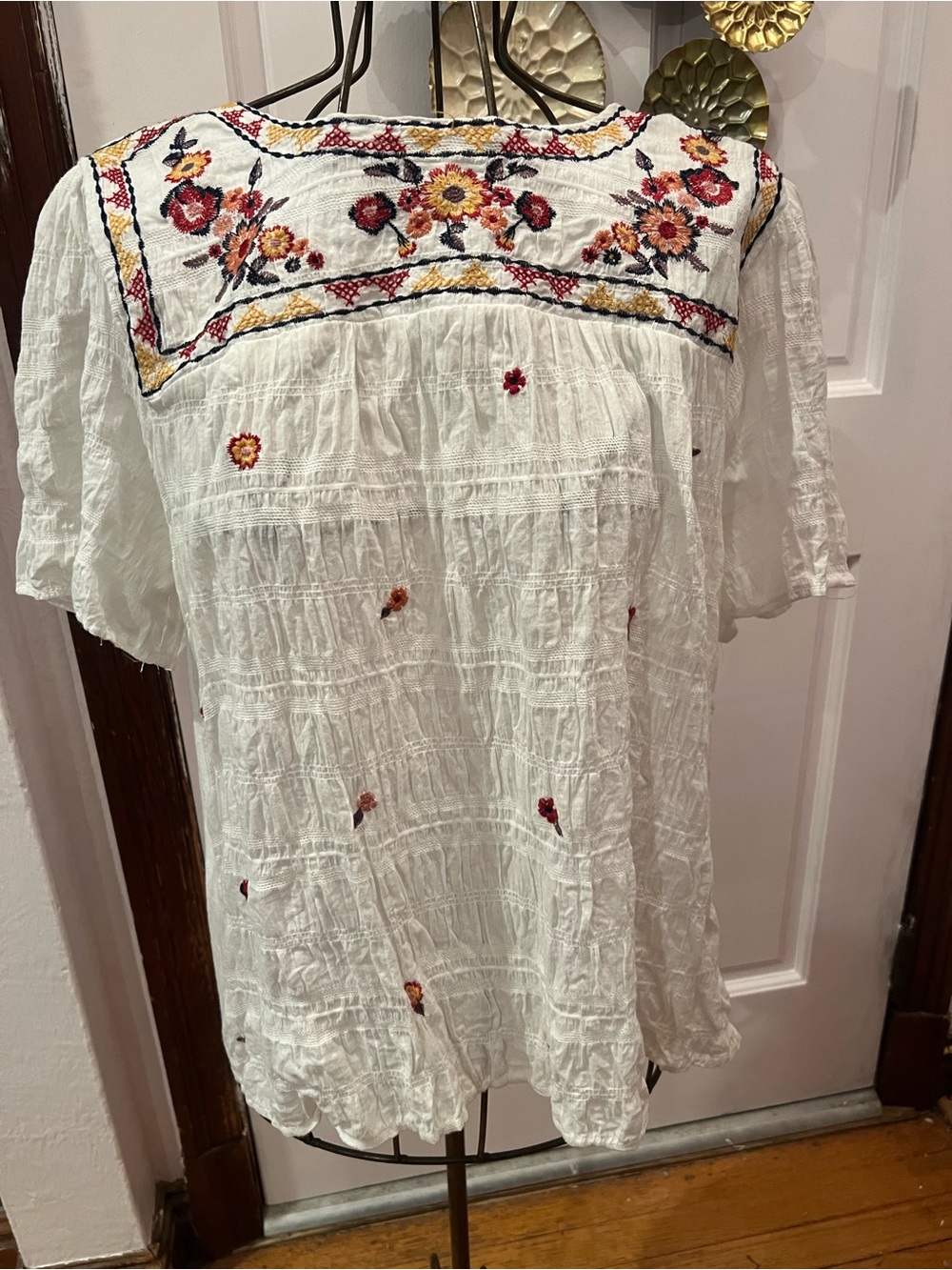 Know Rose large Embroidered White Boho Peasant Top - Floral Yoke